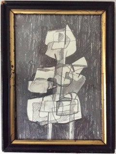 Infanta XXXII (Small Cubist Graphite Drawing on Paper in Vintage Frame)