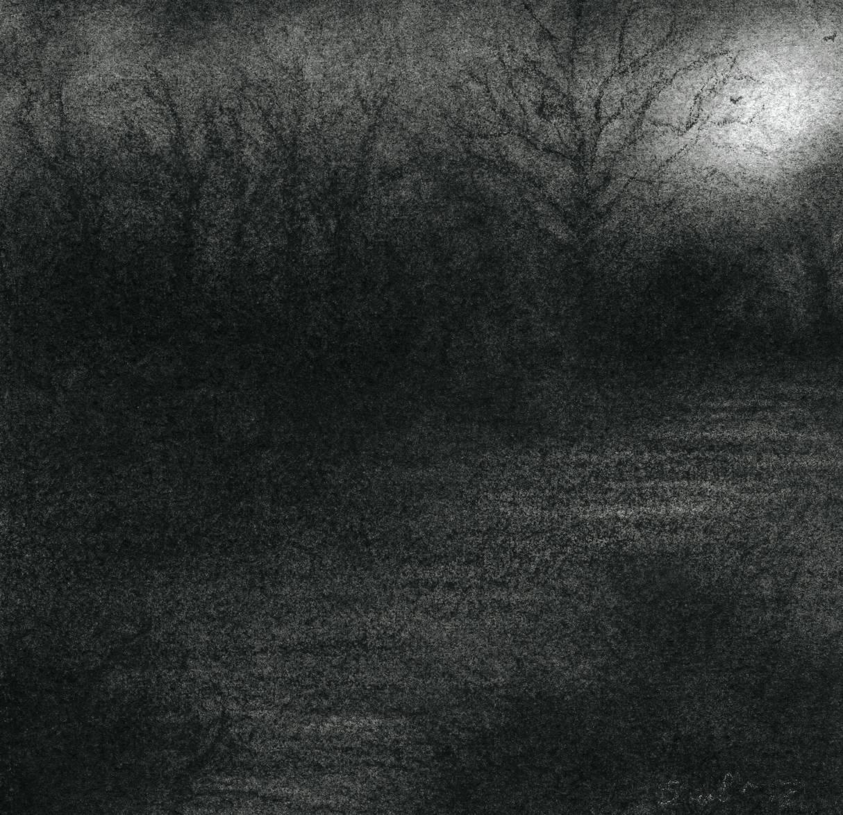 Nocturne VI (Modern Realistic Charcoal Drawing of Moonlit Forest Landscape)