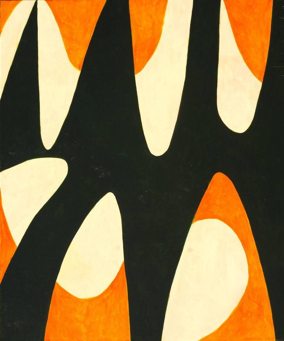 Ralph Stout Abstract Painting - Euphoria: Abstract Mid Century Modern Vertical Painting in Black, Orange & Cream