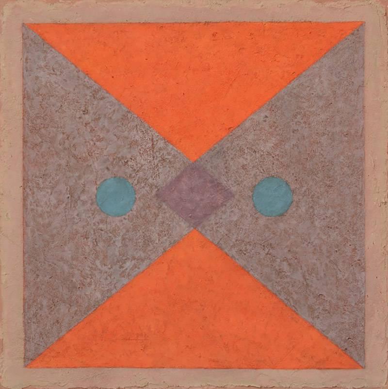 Phyllis Palmer Abstract Painting - Insight 6 (Tempera & Plaster Orange / Plum / Teal Abstraction on Board)