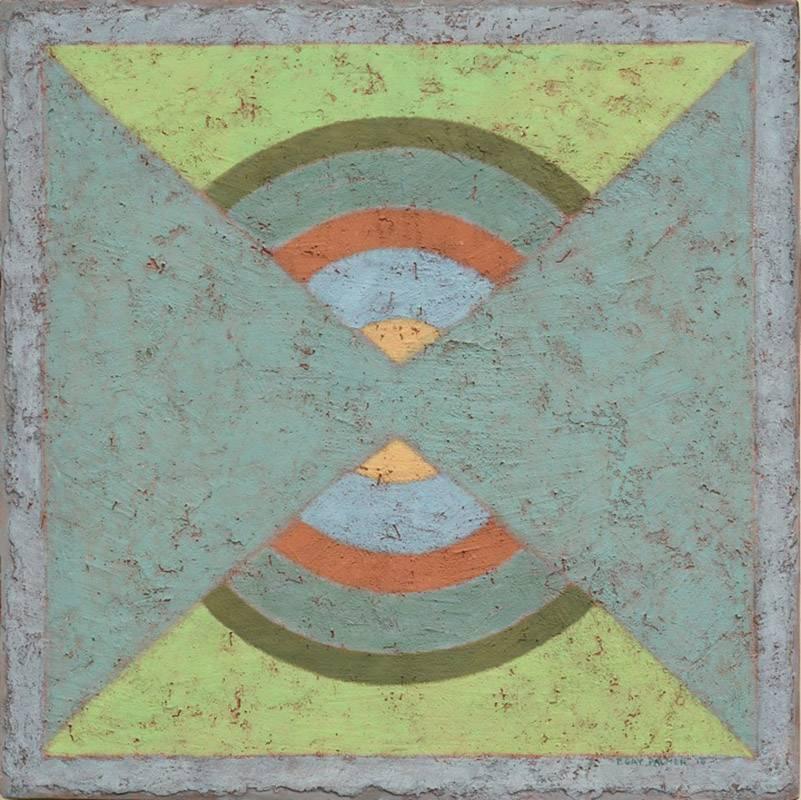 Phyllis Palmer Abstract Painting - Insight 7 (Tempera & Plaster Chartreuse / Teal\ Geometric Abstraction on Board)