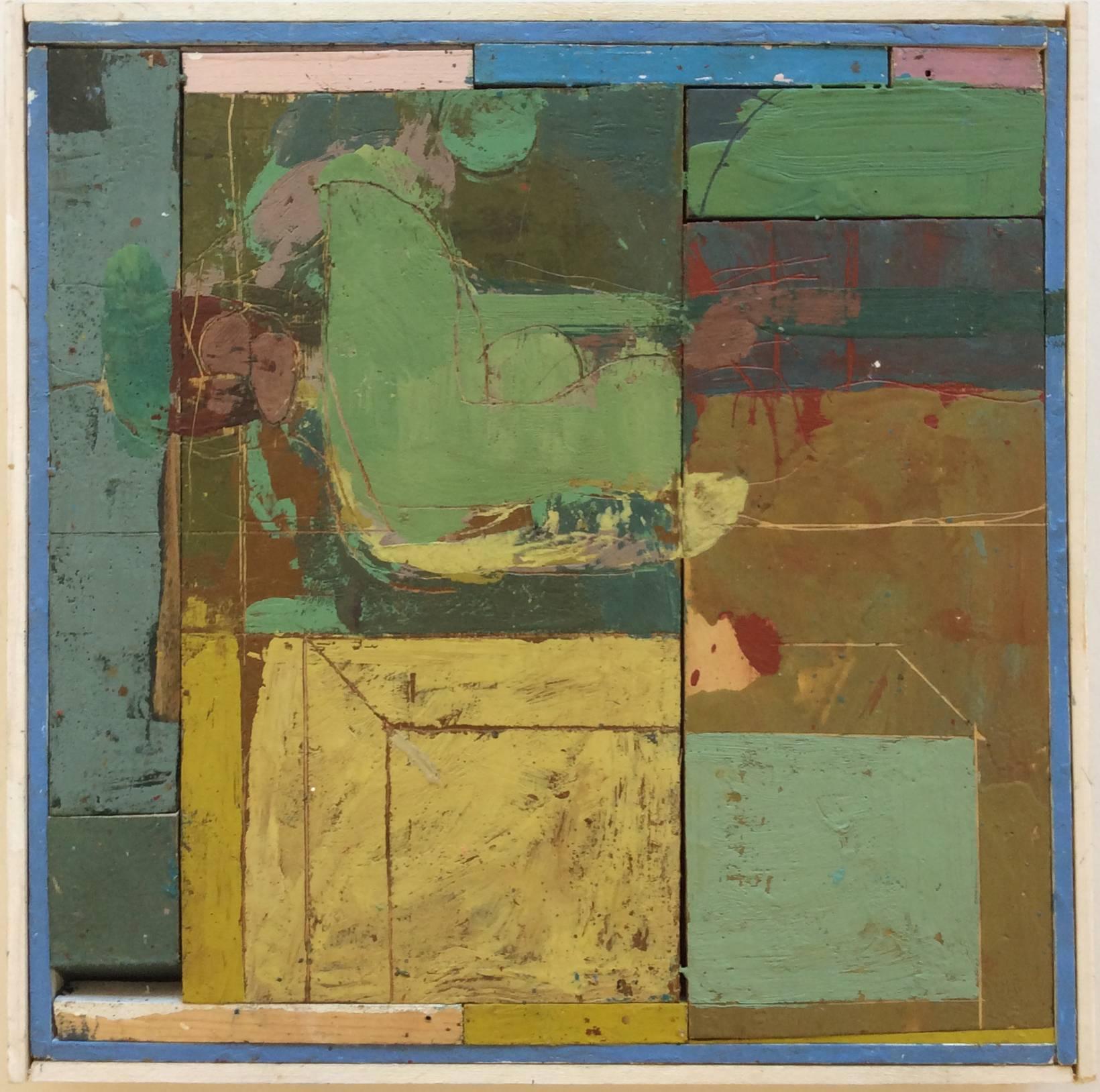 Backyard Pool (Square Abstract Encaustic Painting on Wood Panel in Earth Tones)