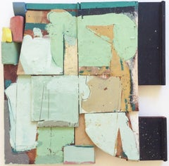 Lightening (Square Abstract Encaustic & Enamel Painting on Wood in Mint Green)