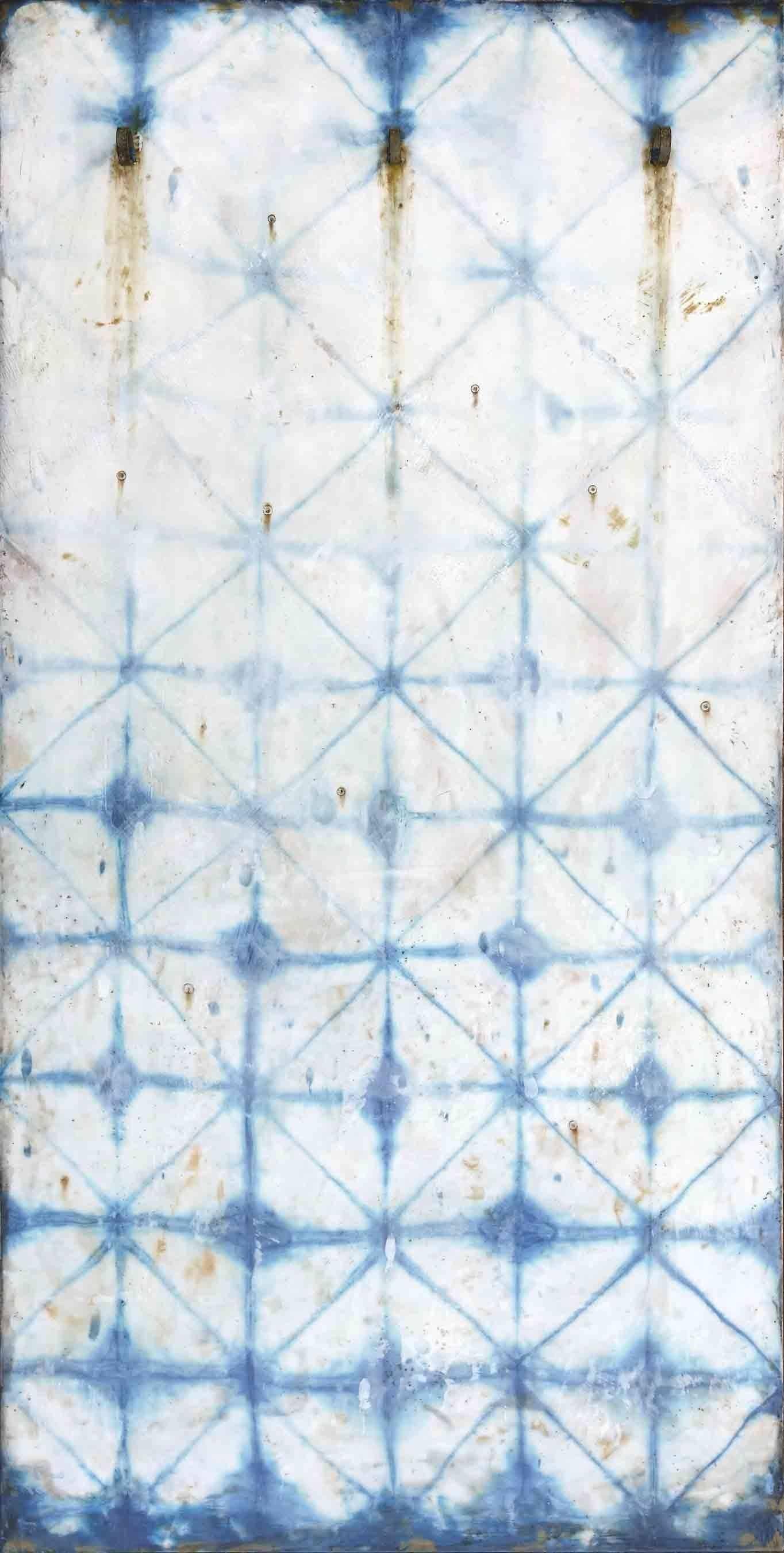 Susan Stover Abstract Painting - Chance Fades (Modern Abstract Blue Indigo & Encaustic Vertical Work on Panel)