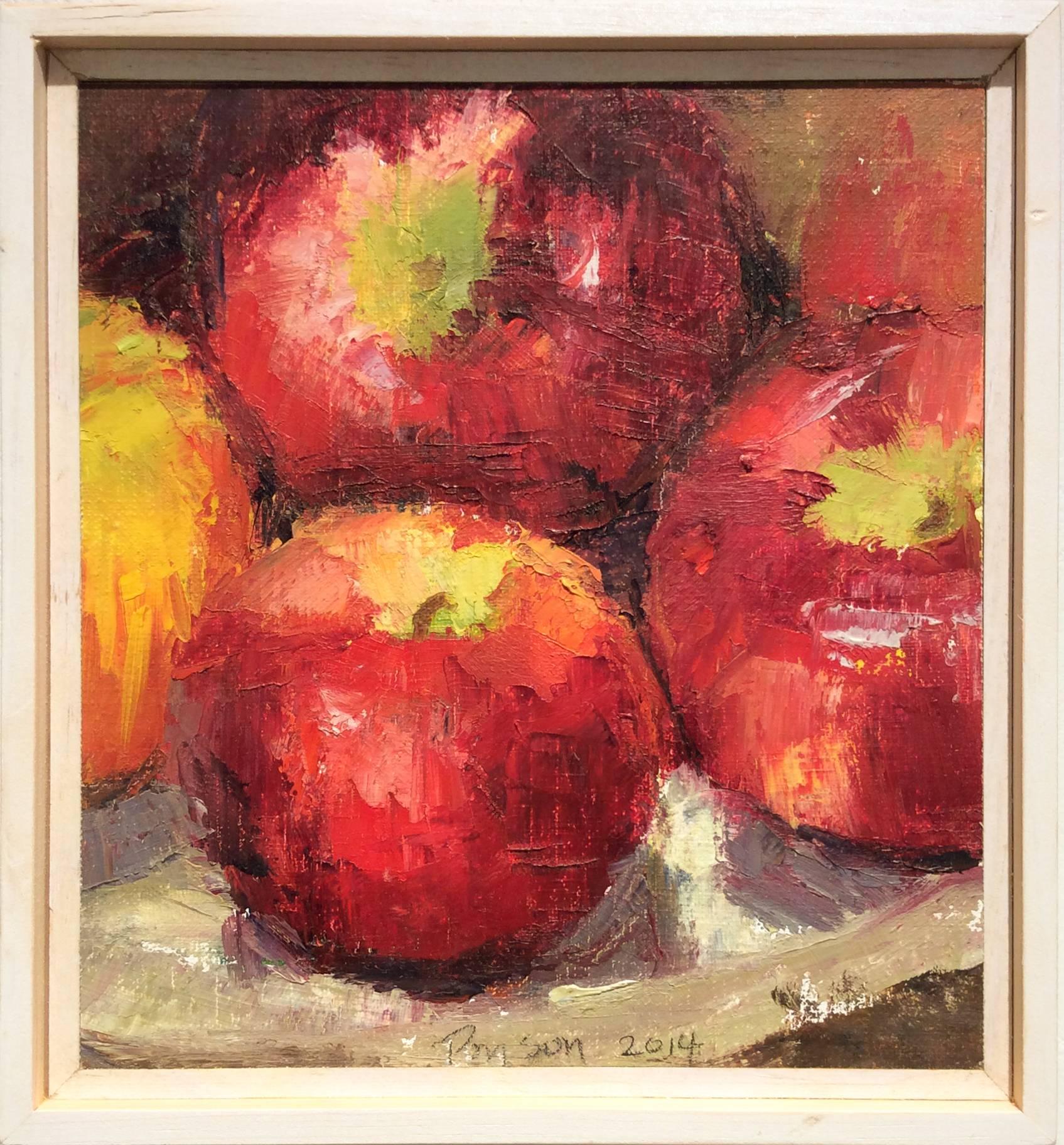 Dale Payson Still-Life Painting - Apples (Small Square Fruit Still Life Oil Painting of Red Apples in Wood Frame)