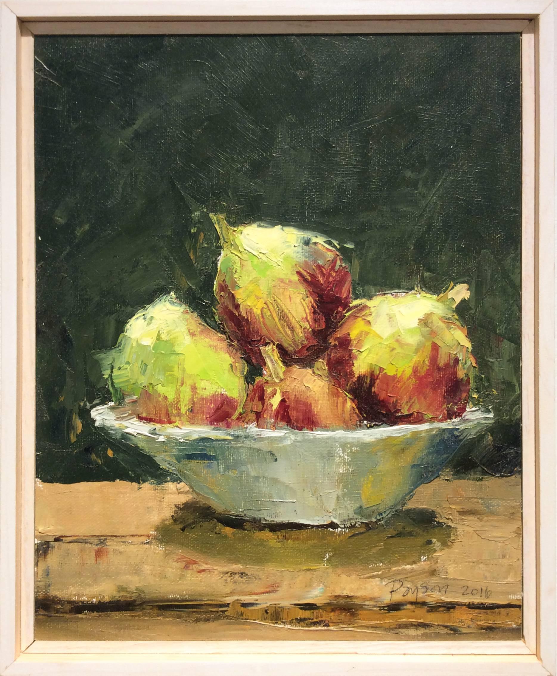 Dale Payson Still-Life Painting - Bowl of Figs (Small Fruit Still Life Painting of Red & Green Figs in Wood Frame)
