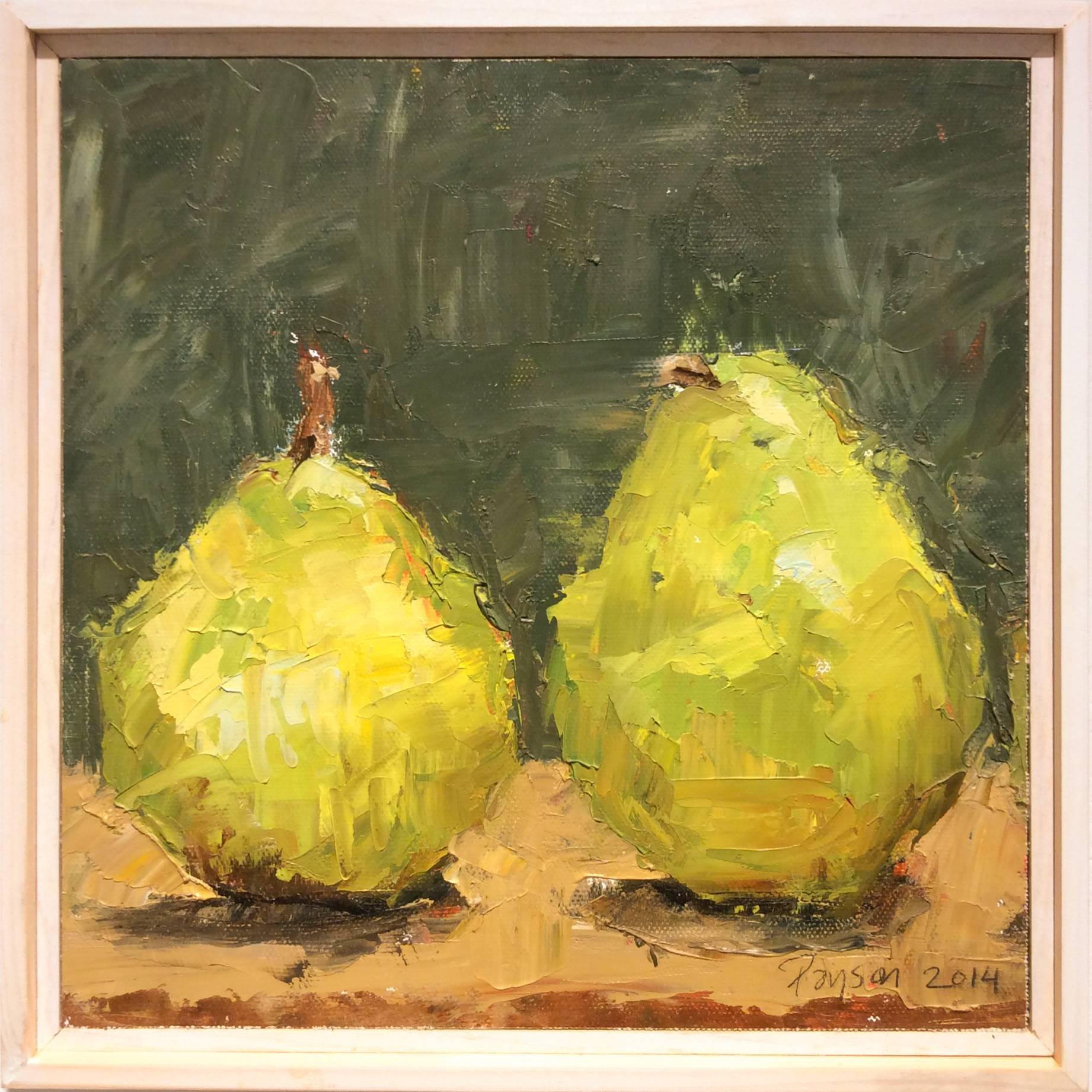 Contemporary impressionist impressionistic framed oil painting pears fruit still life signed vibrant bright yellow blue