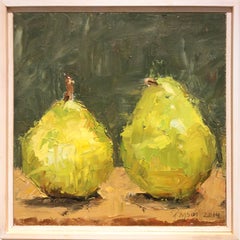 Used Pears I (Modern Impressionist Fruit Still Life Painting of Two Green Pears)