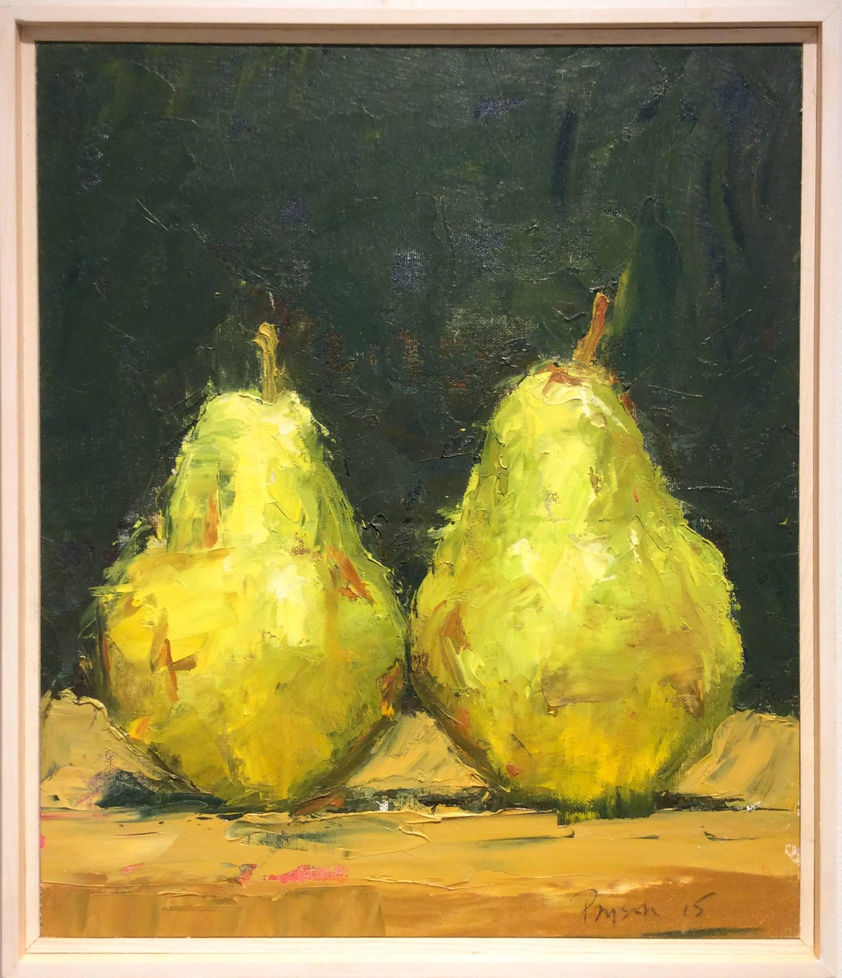 Dale Payson Still-Life Painting - Pears II (Impressionistic Fruit Still Life Painting of Chartreuse Yellow Pears)