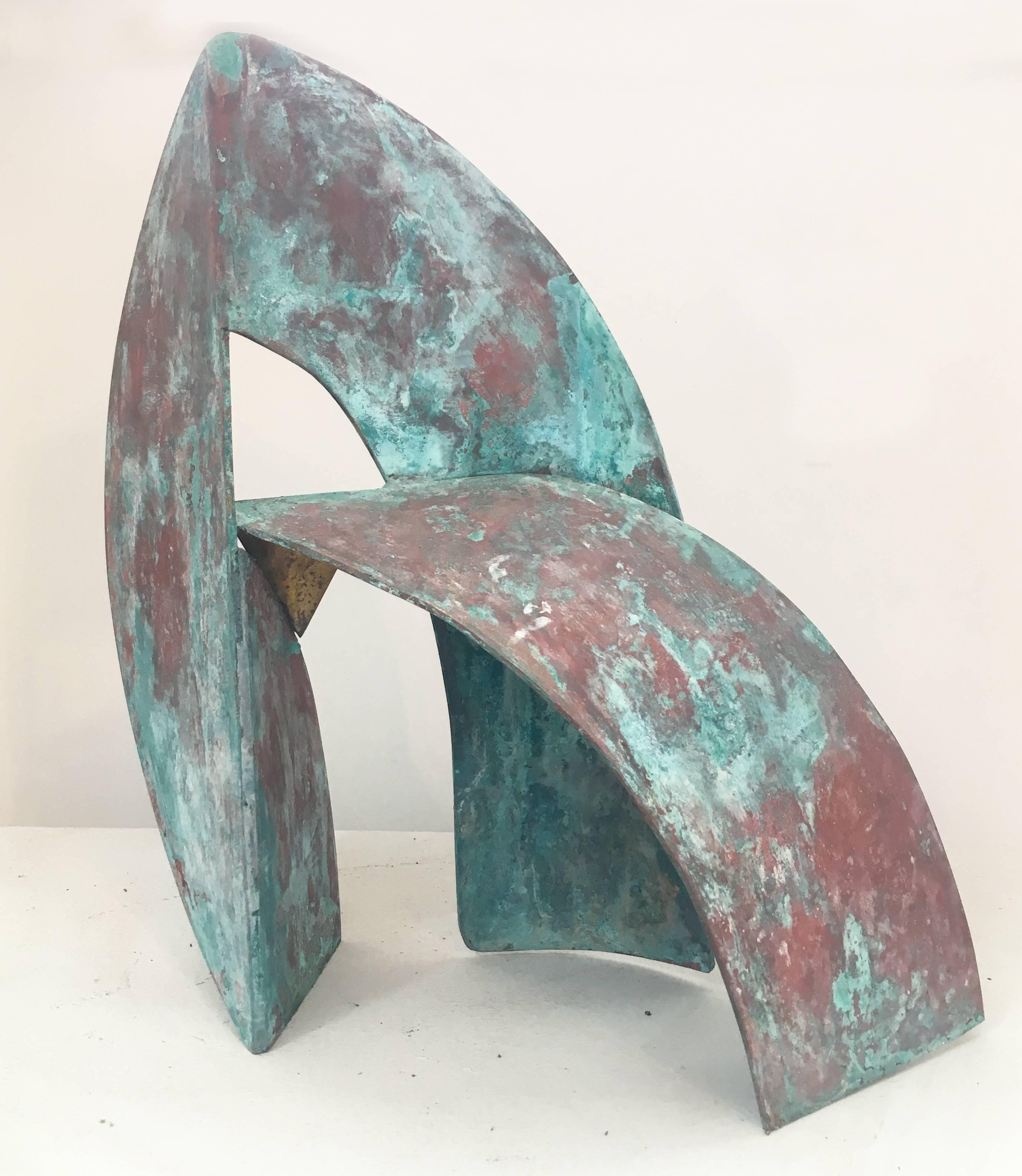 Leon Smith Abstract Sculpture - Atlantis II (Abstract Mid Century Modern Sculpture in Teal Patinated Brass)