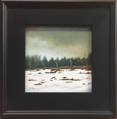 Cedars (Small Oil Landscape Painting of Snowy Country Field in Black Frame)