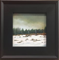 Cedars (Small Oil Landscape Painting of Snowy Country Field in Black Frame)