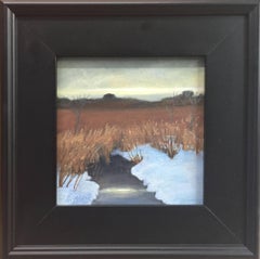 Winter Marshes (Small Oil Landscape Painting of Snowy Country Field, Framed)
