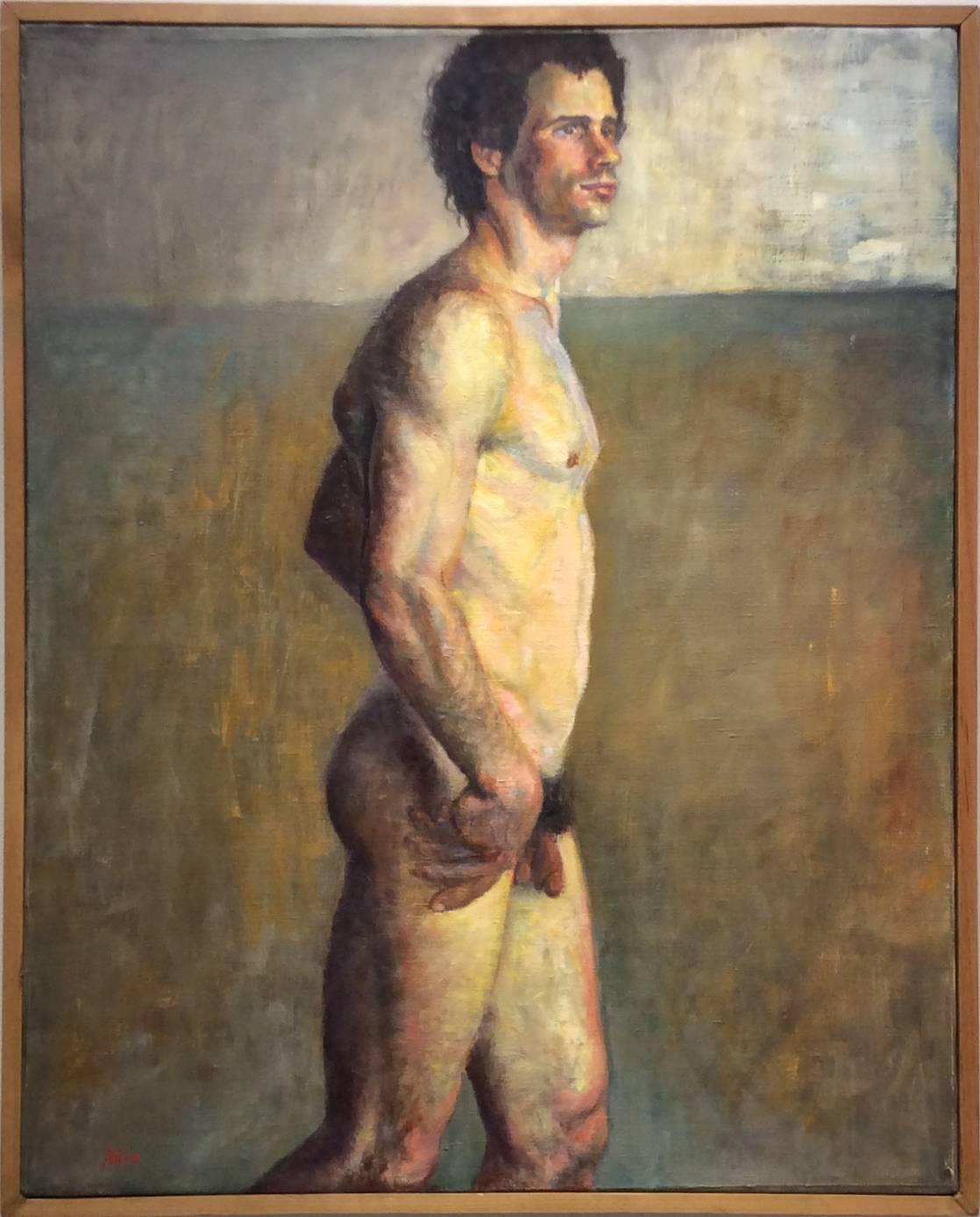 Juliet Teng Nude Painting - Untitled (Portrait of a Standing Male Nude, Oil on Canvas)