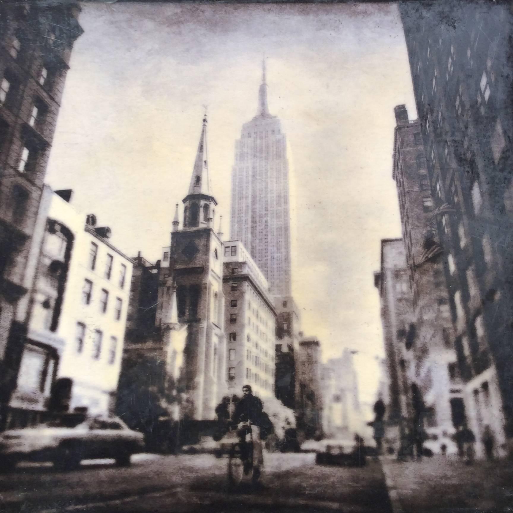 Peter Kelly Black and White Photograph - Bike with Empire, NY (Framed and Matted Photograph of Empire State Building)