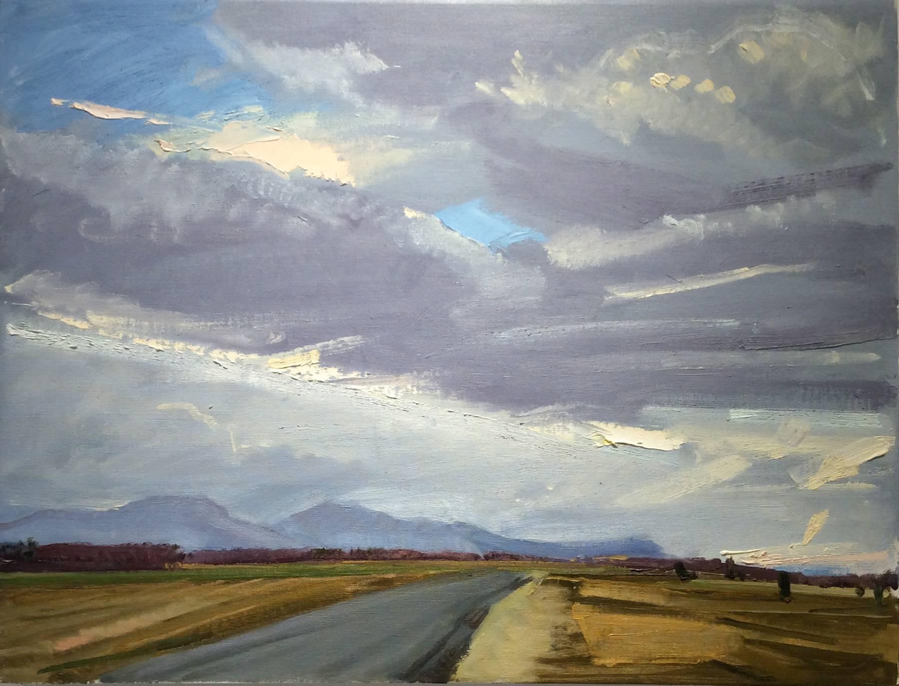 Wire Road (Hudson Valley Landscape Painting of Country Road, Mountains & Sky)