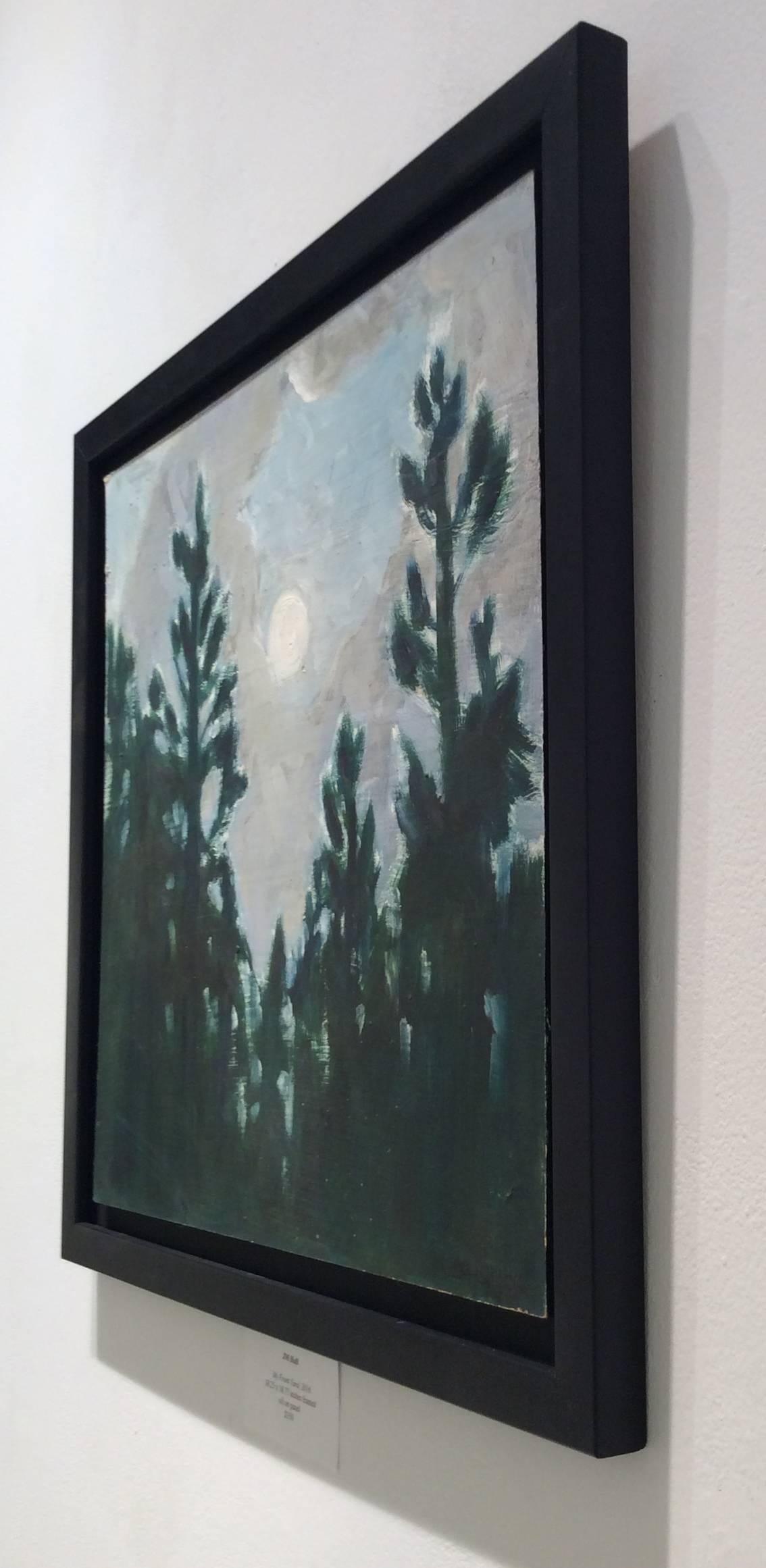 Contemporary painting of pine trees and blue sky
Oil on panel floated in black frame
18.25 x 18.75 inches

Attributed to J. M. Ward, this oil painting on panel was acquired by seller in 2018. The painting depicts an undulating treeline in emerald