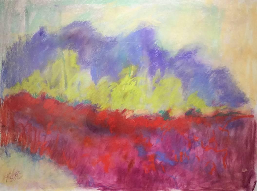 Nancy Rutter Abstract Drawing - Red Clover Field (Ethereal Abstracted Landscape Pastel on Paper)