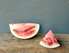 Watermelon, in Two Pieces (Contemporary Still life on Wooden Plank)