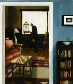 Cage (Figurative Interior Painting of Man in a Living Room with Bird Cage)