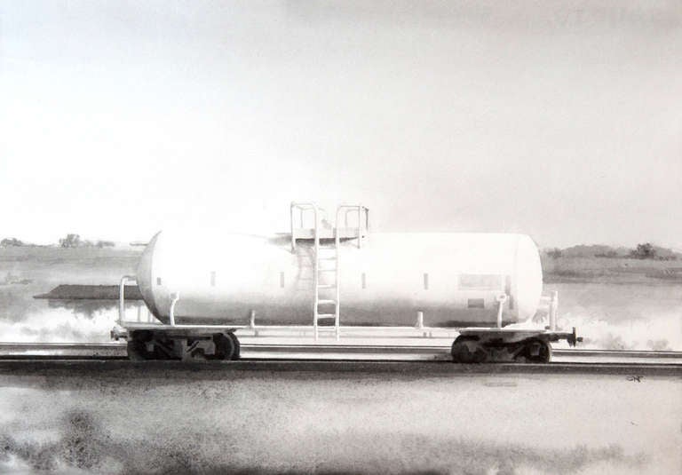 Train II (Black and White Watercolor Painting on Single train car on Paper)