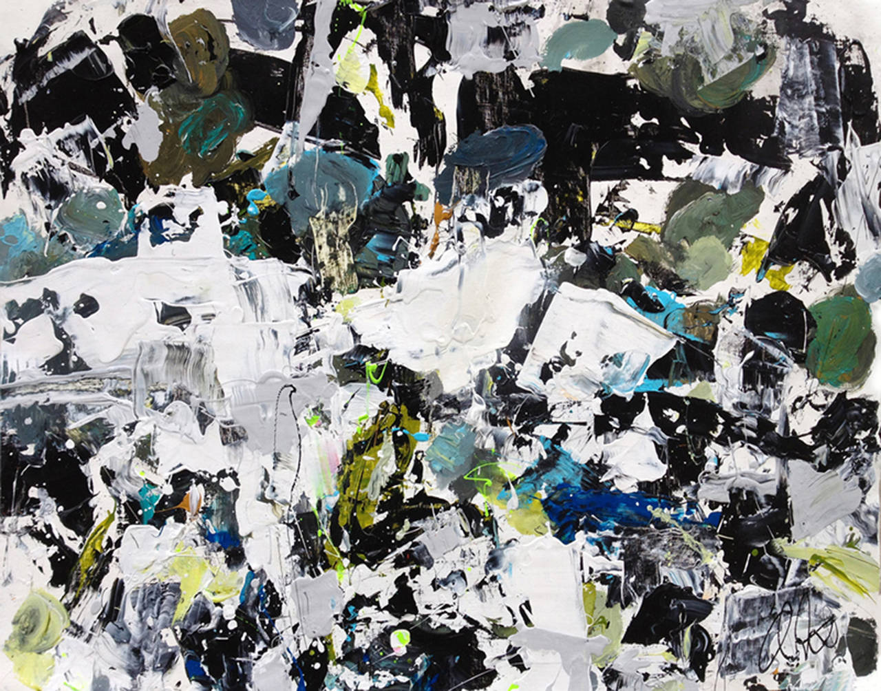 Adam Cohen Abstract Painting - Orchestra (Black, White and Blue Abstract Expressionist Acrylic Painting