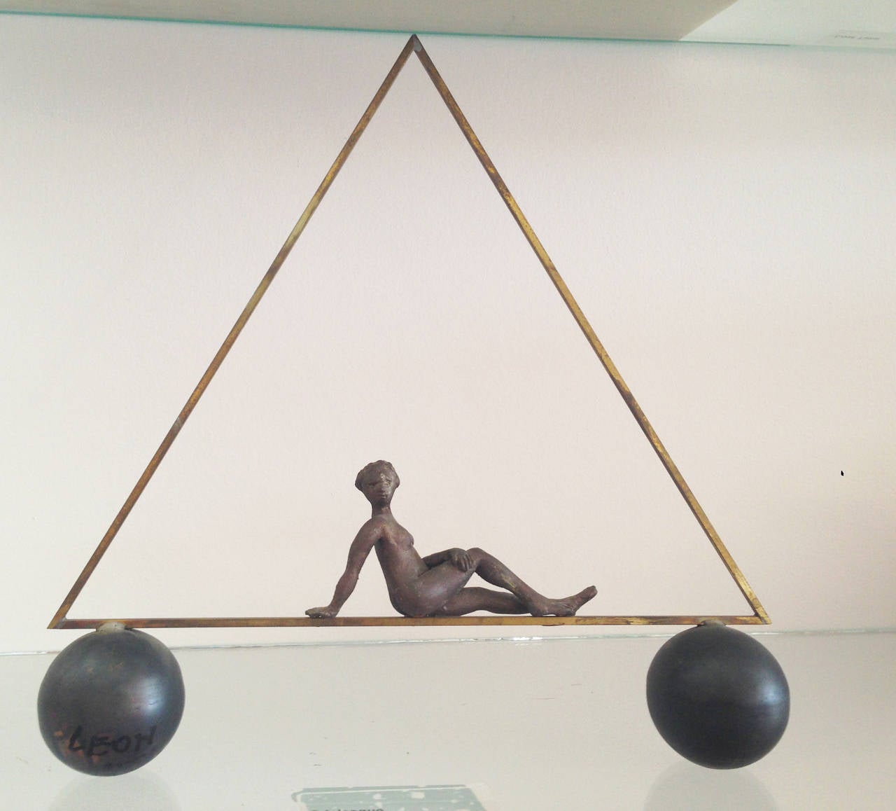 Leon Smith Abstract Sculpture - Odalesque (Mid Century Modern Small Brass & Copper Triangle with Nude Figure)