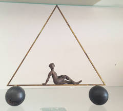 Odalesque (Mid Century Modern Small Brass & Copper Triangle with Nude Figure)