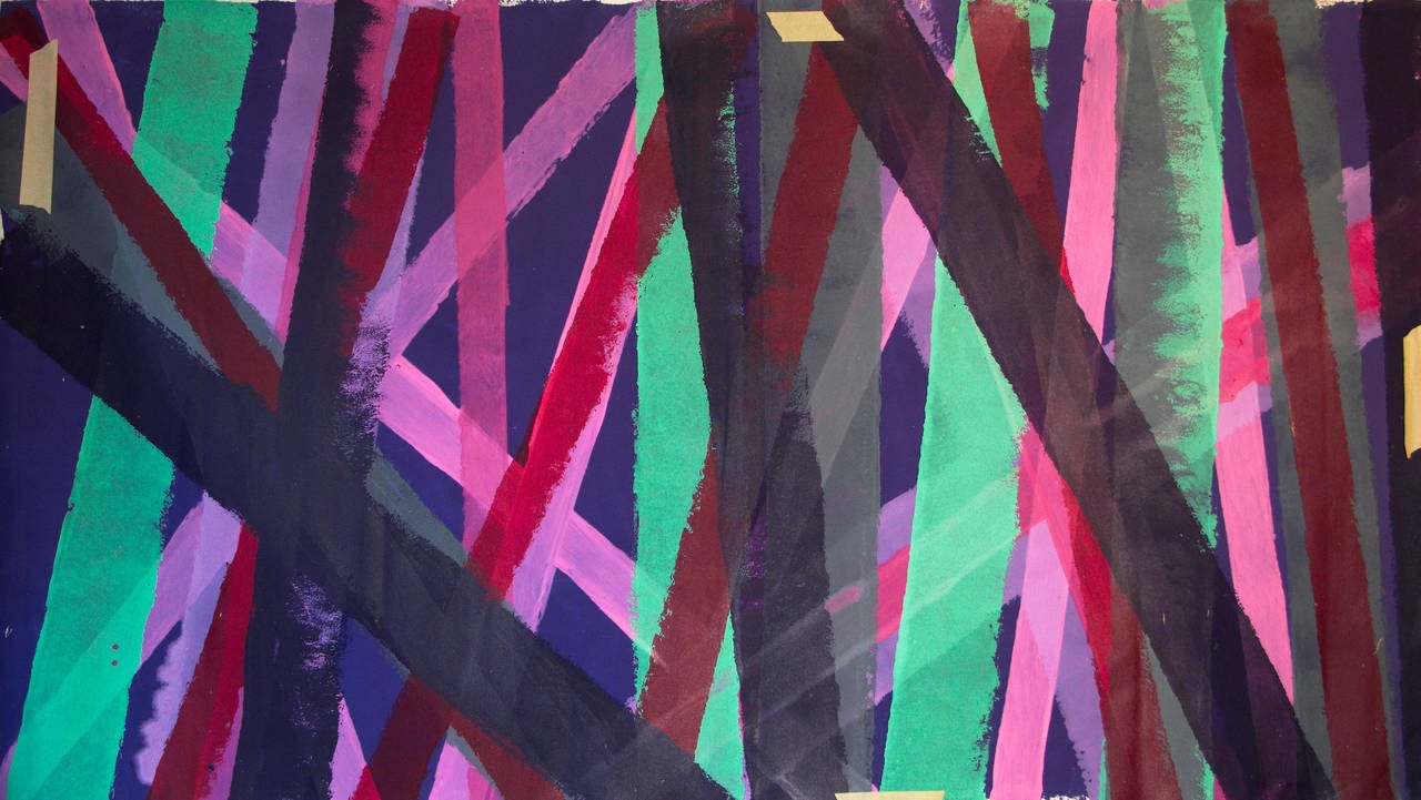 Untitled 017 (Abstract, Mid-Century Modern, Vertical Magenta & Green Stripes) - Painting by Edward Avedesian