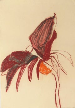 Retro Flower #3 (Gestural Abstracted Flower Drawing in Red and Orange on Paper)