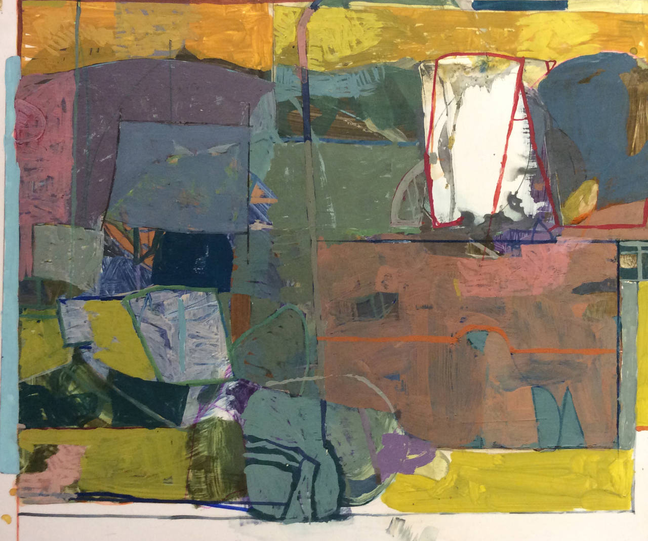 6 novembre (II) ( technique mixte abstraite en vert, violon, rose et jaune) - Mixed Media Art de James O'Shea