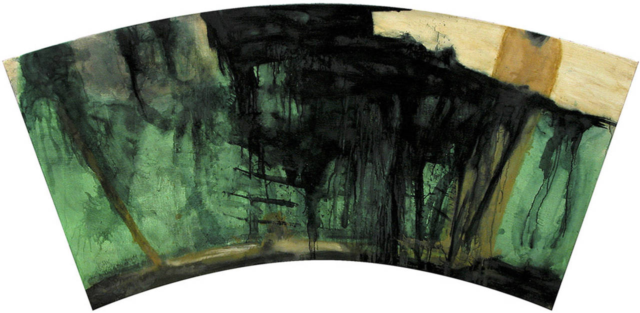 Christopher Engel Abstract Painting - Fan Paintings #5: Modern, Abstract Expressionist Style Painting in Green & Black