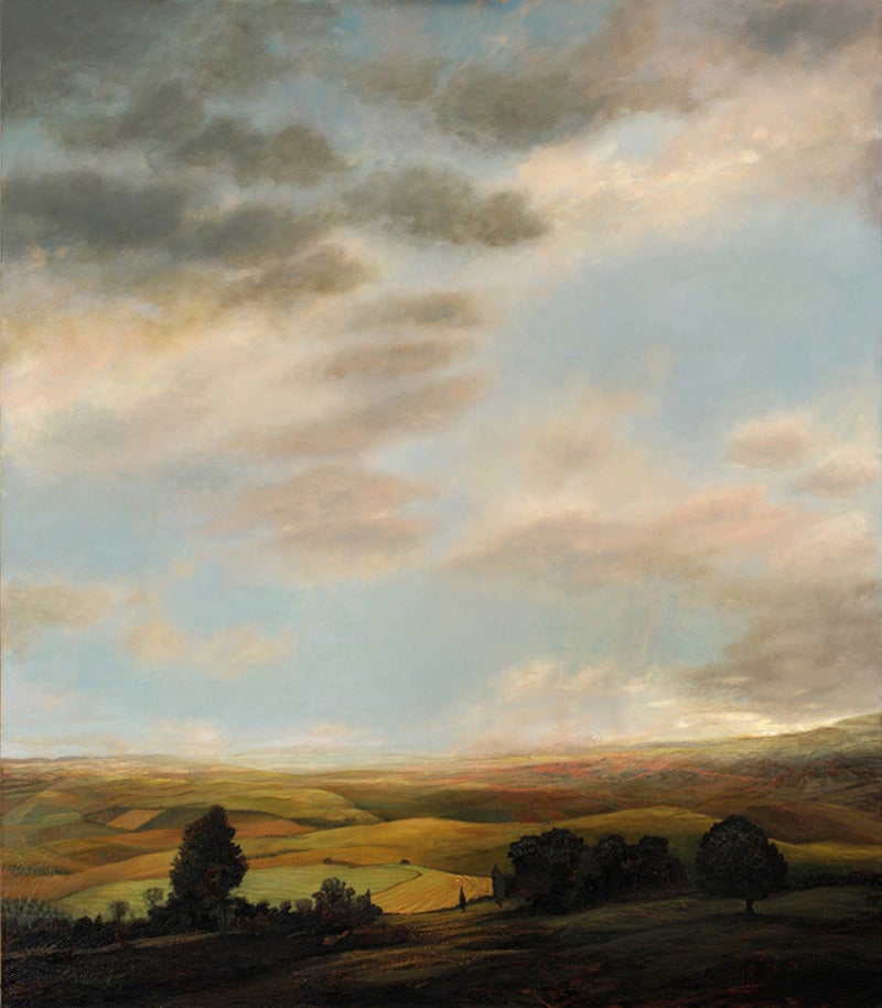oil on canvas, artist made frame
64 x 56 inches framed

Romantic (yet modern) Hudson River oil landscape painting of rolling, hilly farmland with trees in the foreground with a luminous blue and golden sky in the background.  
Once a hard edge