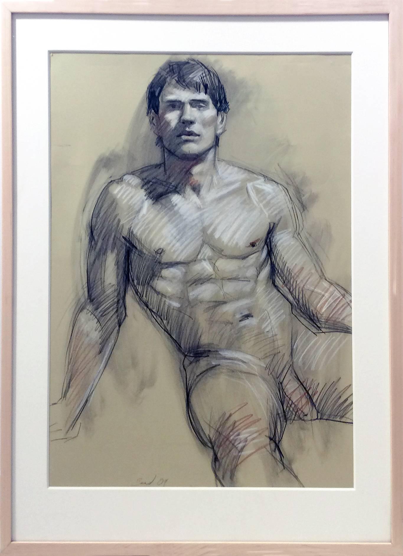 MB 802 (Contemporary Figurative Drawing of Male Nude with Wood Frame) - Art by Mark Beard