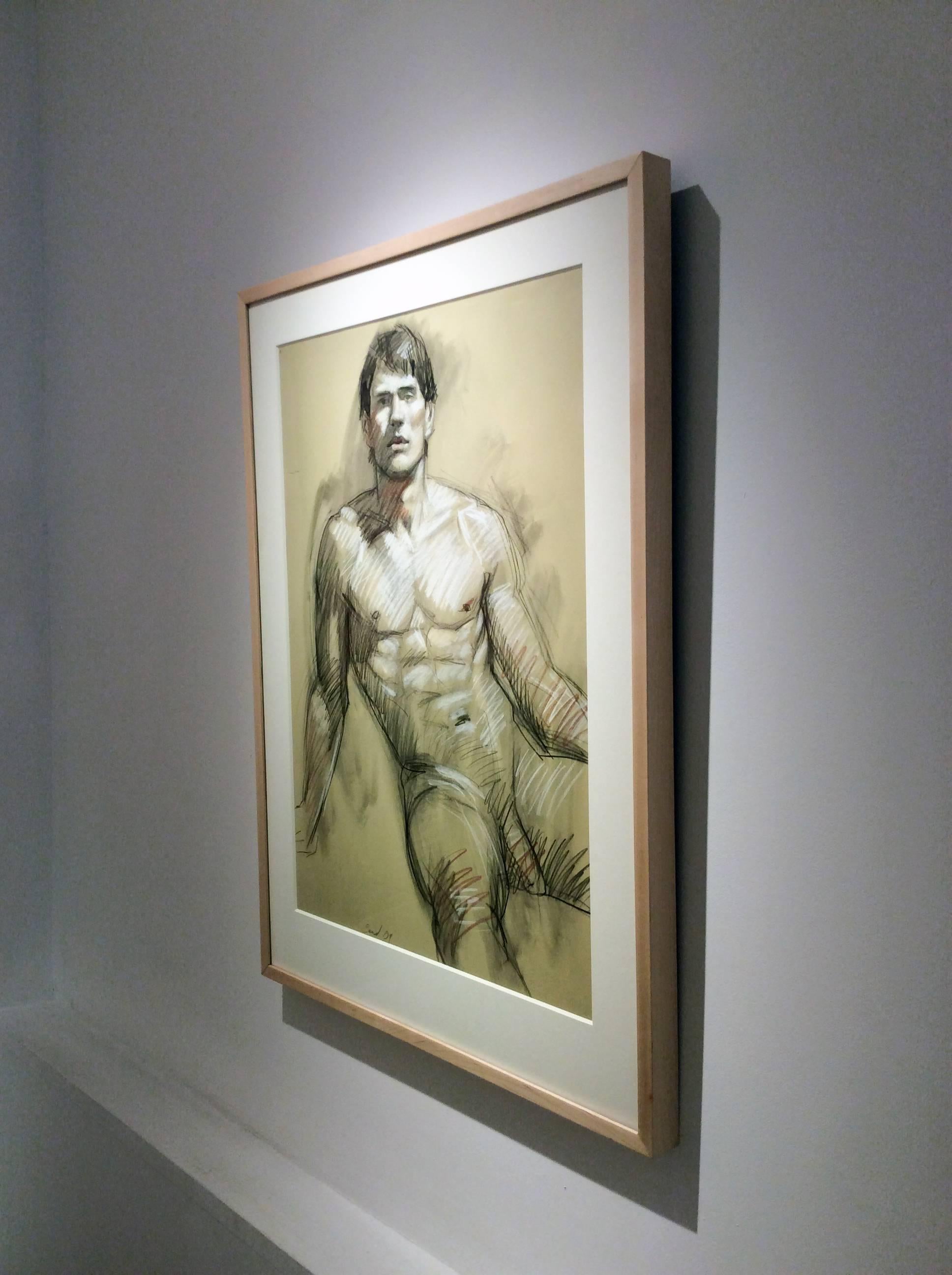 MB 802 (Contemporary Figurative Drawing of Male Nude with Wood Frame) 2