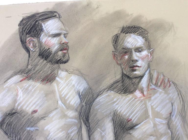 Figurative nude drawing made with graphite, conte crayon and charcoal on Arches paper
30 x 18 inches unframed

This unique life study drawing of two standing nude males was made by Mark Beard in 2016. The muscular male models posed in a relaxed