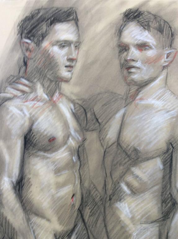 MB 808 (Figurative Charcoal Drawing on Paper of Two Male Nudes Models)  - Modern Art by Mark Beard