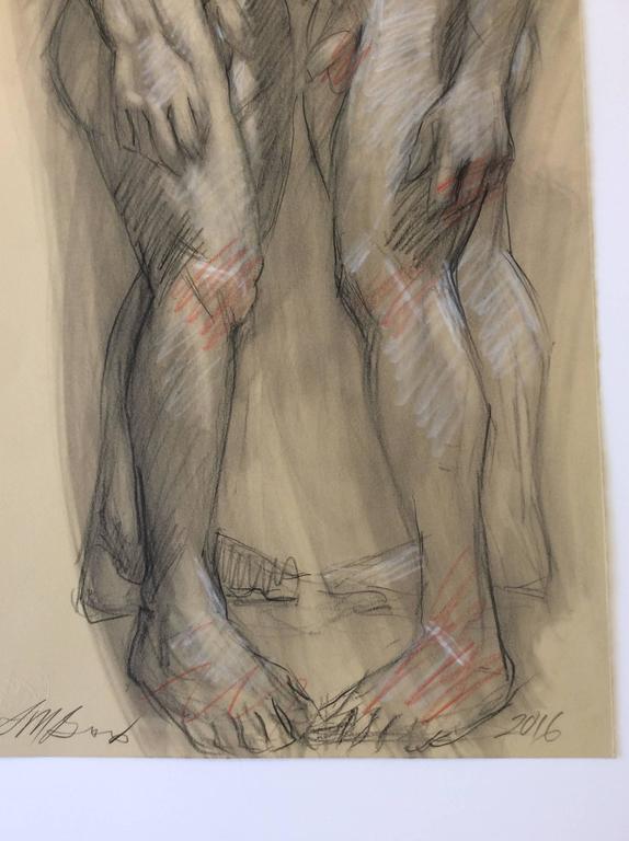 Figurative drawing made with graphite, conte crayon and charcoal on Arches paper 
30 x 13 inches, unframed 

This unique life study drawing of two standing male nudes was made by Mark Beard in 2016. The muscular male models posed in a standing