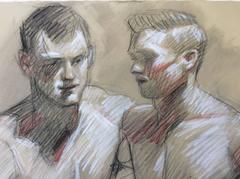 MB 809 (Figurative anthrazitfarbene Zeichnung auf Papier mit zwei sitzenden männlichen Aktmodellen)