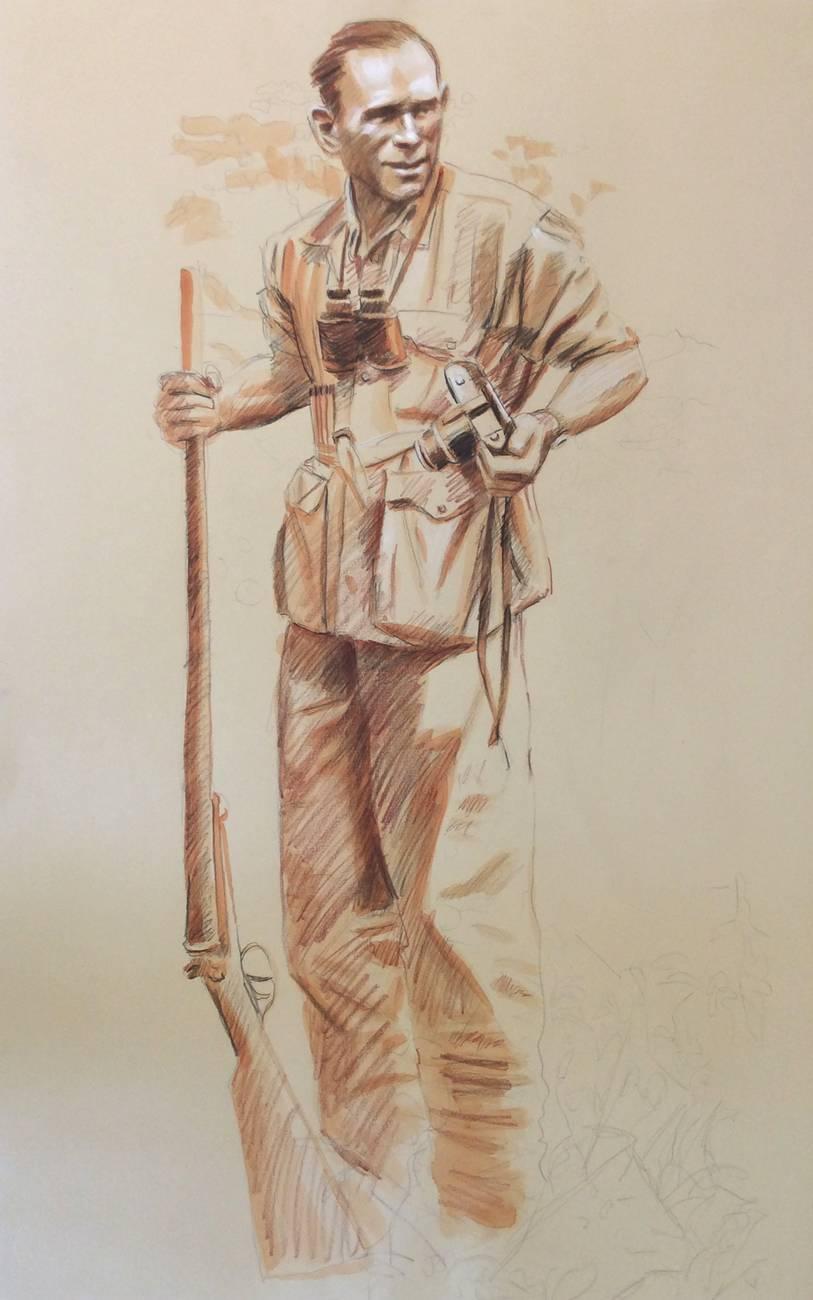 Dibujo figurativo con grafito, carboncillo y lápiz de color sobre papel Arches
30 x 19 pulgadas, sin enmarcar
Un trozo de papel Arches de 30 x 19 pulgadas. Dos dibujos en lados opuestos.

Estos dibujos únicos de dos desnudos masculinos y un cazador