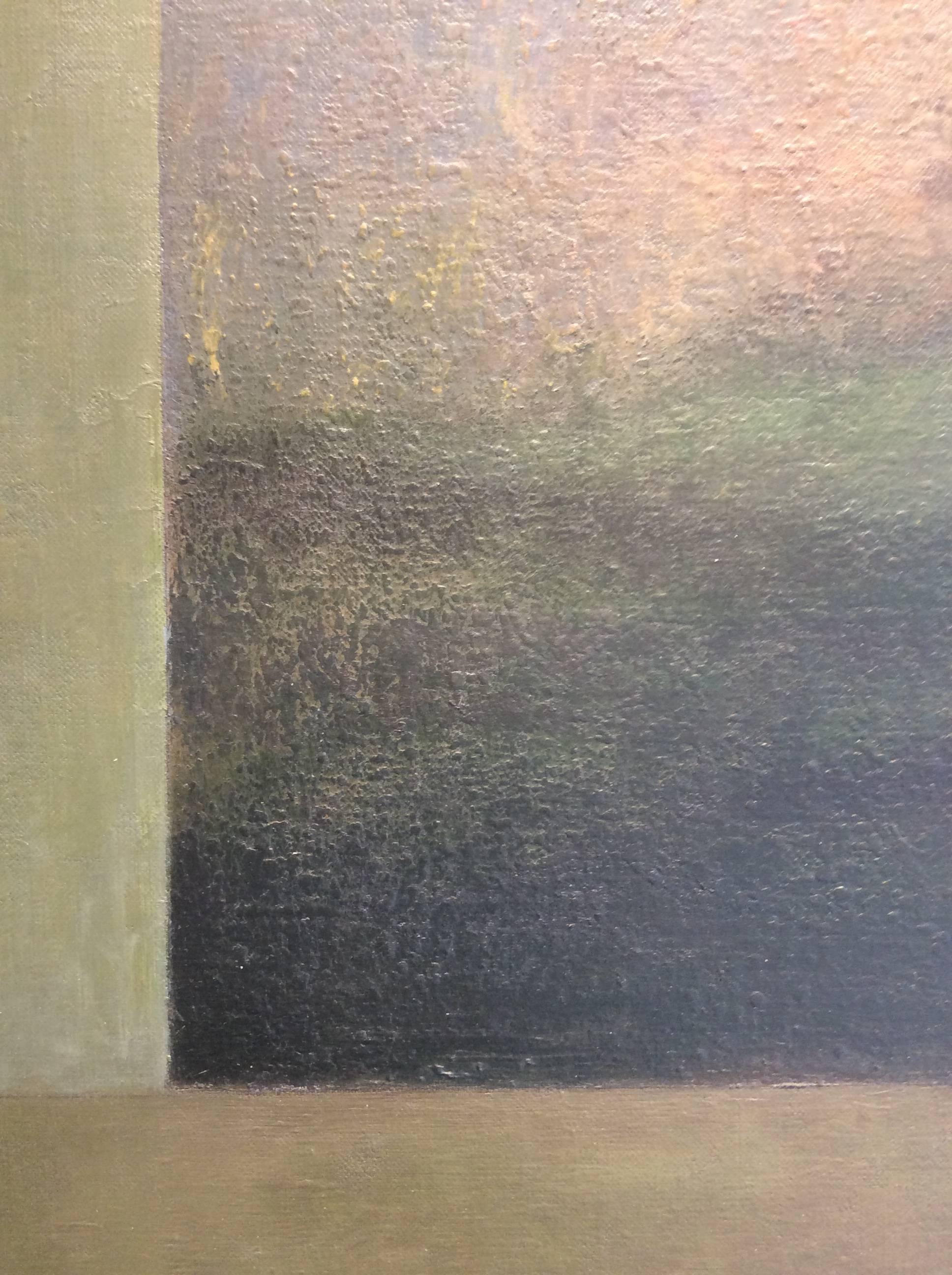 Opening No. 52 (Abstracted Vertical Luminist Oil Painting of Hudson Valley) - Gray Landscape Painting by Leigh Palmer