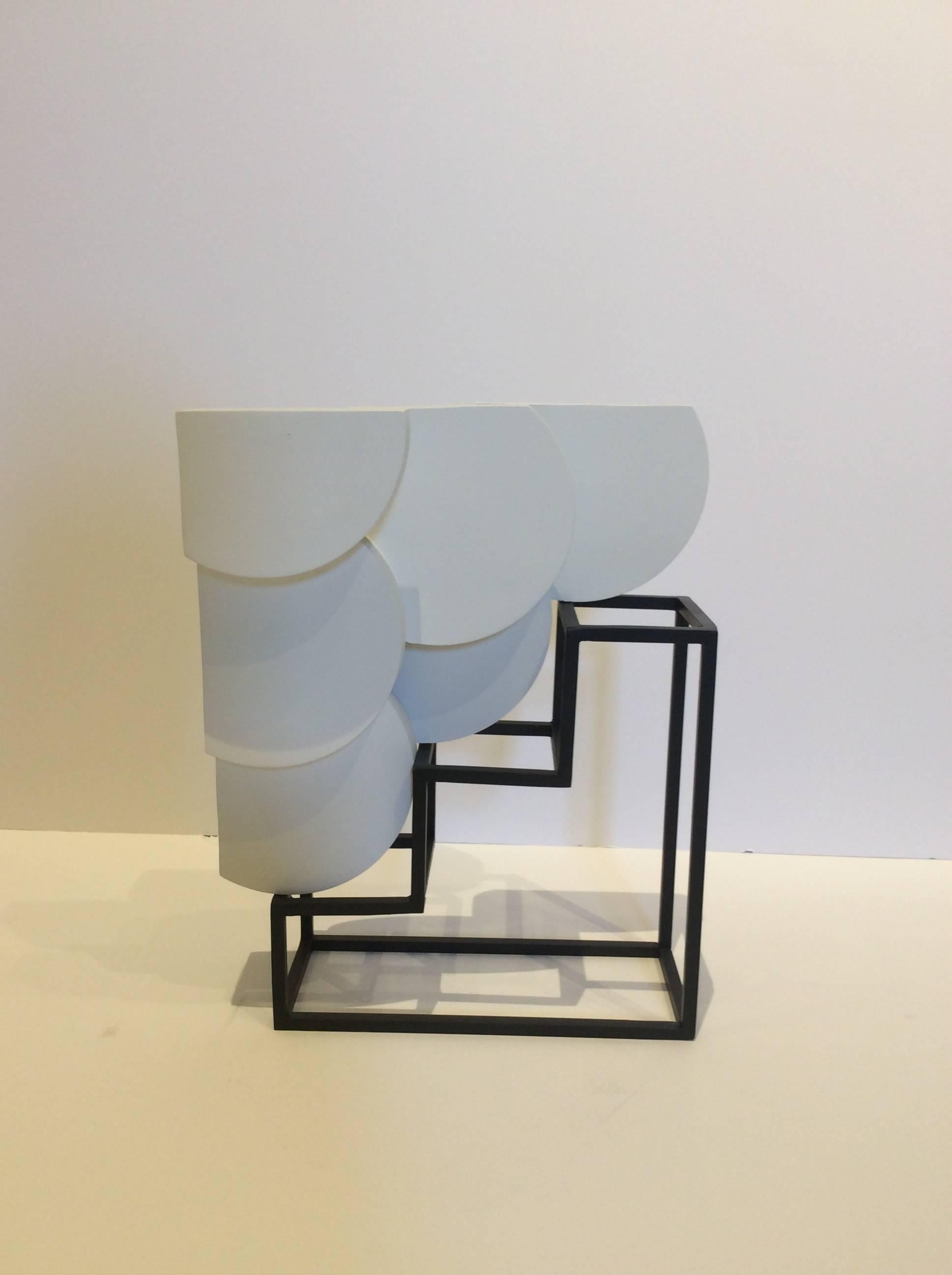 Three by Six (Small Abstract Mid Century Modern White Wood and Steel Sculpture)  1