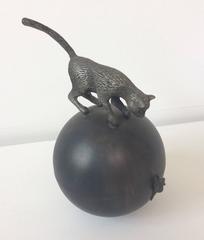 Cat and Mouse (Pewter and Brass Ball Sculpture of Cat & Mouse)