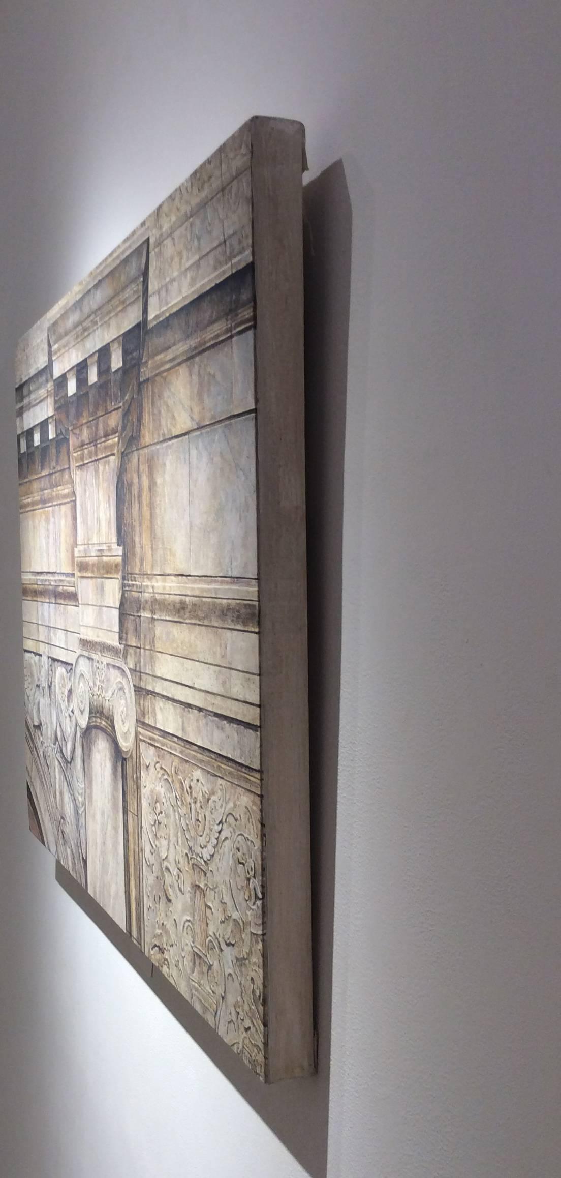 30 x 40 Zoll
horizontales fotorealistisches Ölgemälde auf Leinwand von neoklassizistischer Architektur 

Die Themen von Herrn Britell stammen aus der Welt der vormodernen Architektur. Er konzentriert sich auf Backsteinfassaden, Mauerwerk und die