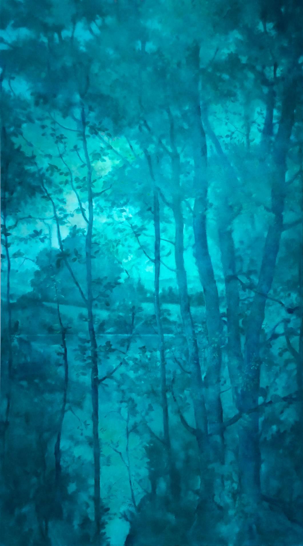 Richard Britell Abstract Painting - Through the Trees: Large Monochromatic Turquoise Abstract Landscape Oil Painting