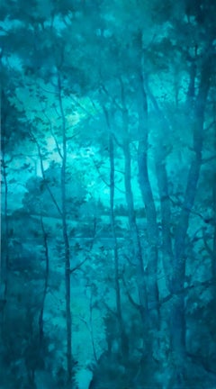 A travers les arbres : Grande peinture à l'huile monochrome turquoise paysage abstrait