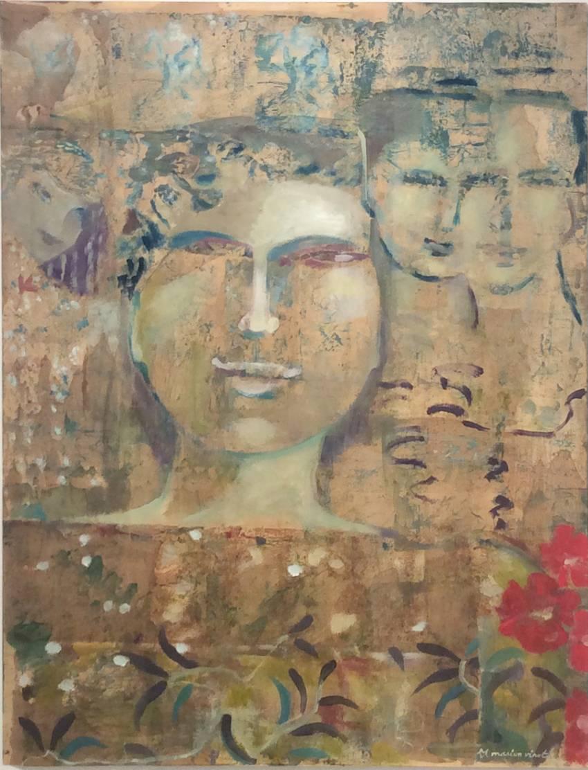 Marion Vinot Figurative Painting - Ancient Memory (Abstracted Painting of Whimsical Feminine Portraiture in Gold)