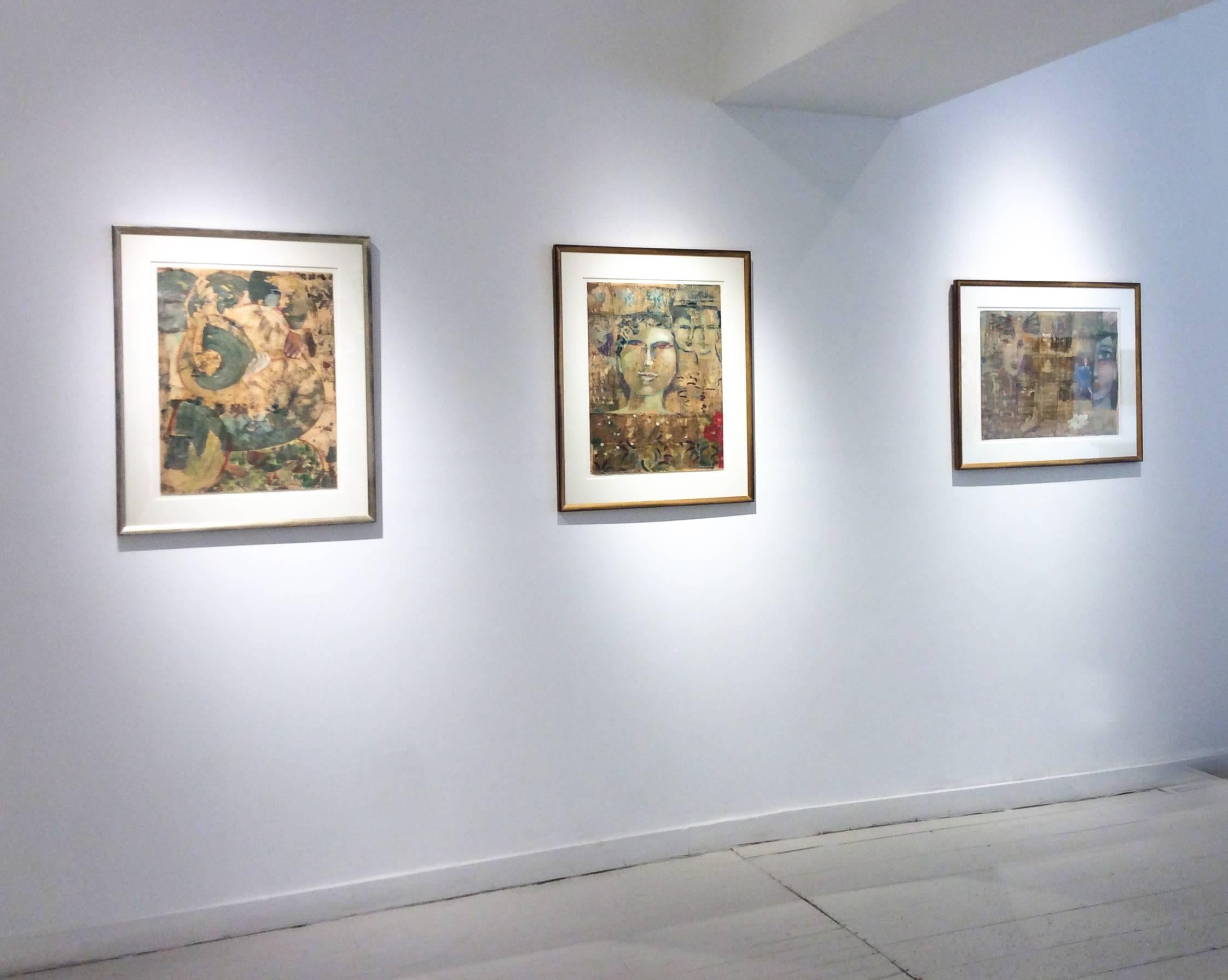 24 x 18 inches, oil on paper
 32.5 x 26.6 inches framed in painted gold molding, antique white 8ply mat

This stunning work on paper was completed in a series of three works by the artist using the same subtly gold and turquoise palette.  While this