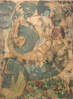 Embrace (Abstract Oil Painting on Paper in Gold & Pale Turquoise)