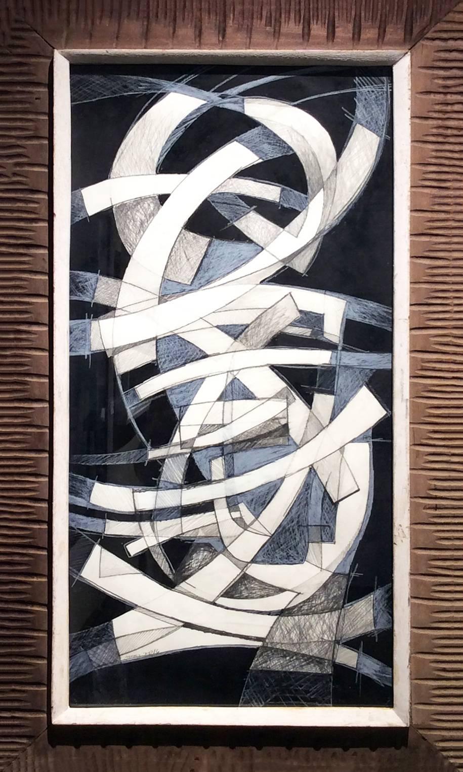 David Dew Bruner Abstract Drawing - Arch I (Abstract Black, White & Blue Drawing in Mid Century Modern Wood Frame)